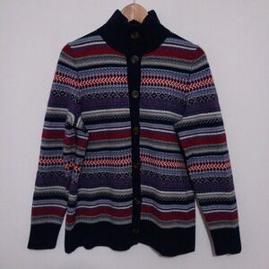 LL Bean Nordic Fair Isle Womens Cardigan Sweater Size L Merino Wool Ski Cabin